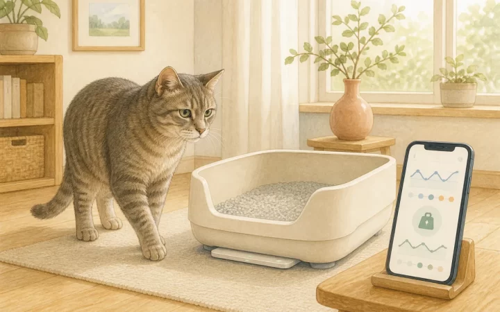 低い猫トイレの下のセンサーでシニア猫の排泄データを記録する水彩風イラスト