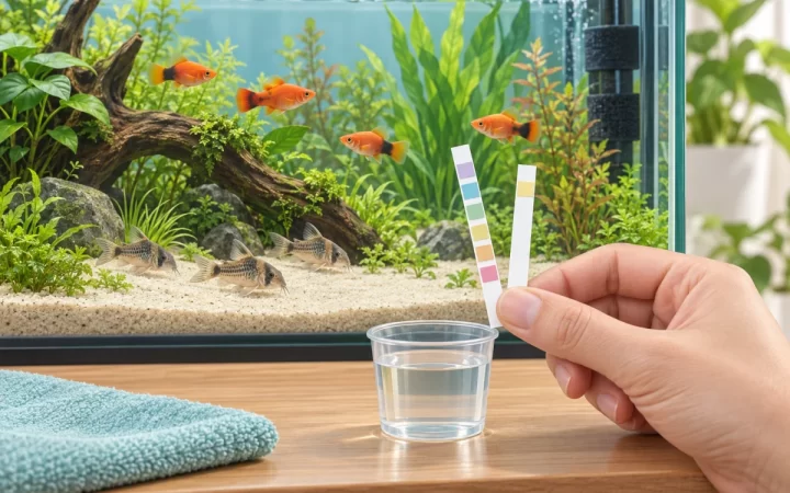 淡水水槽の前で6項目用とアンモニア専用の2種類の試験紙を比較するAI生成イラスト