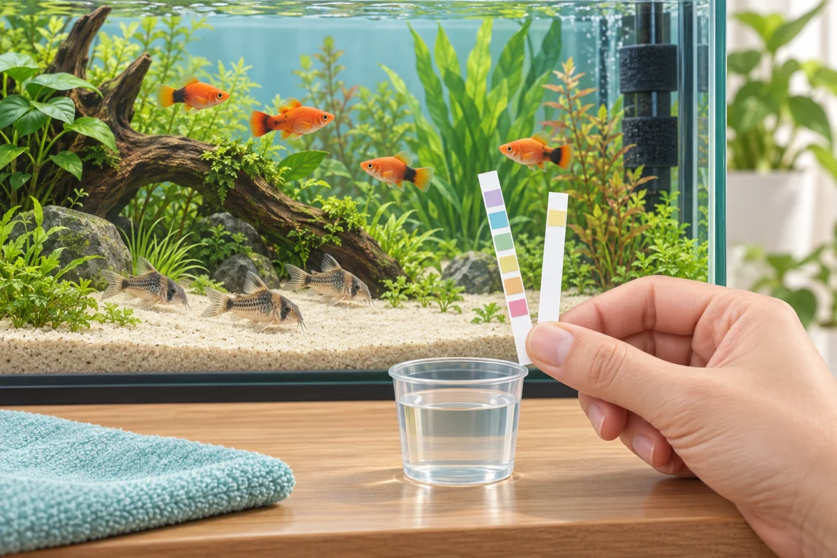 淡水水槽の前で6項目用とアンモニア専用の2種類の試験紙を比較するAI生成イラスト