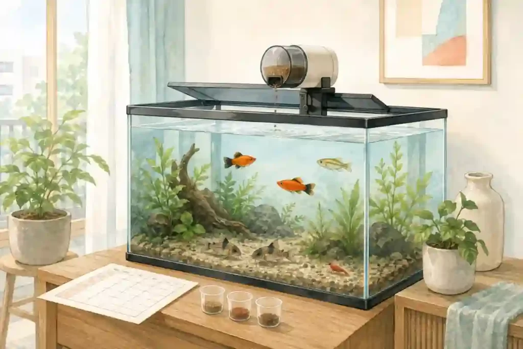 自動給餌器を設置した淡水水槽でプラティやコリドラスへの餌の届き方を確認する水彩風イラスト