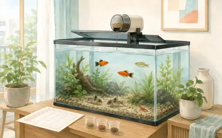 自動給餌器を設置した淡水水槽でプラティやコリドラスへの餌の届き方を確認する水彩風イラスト