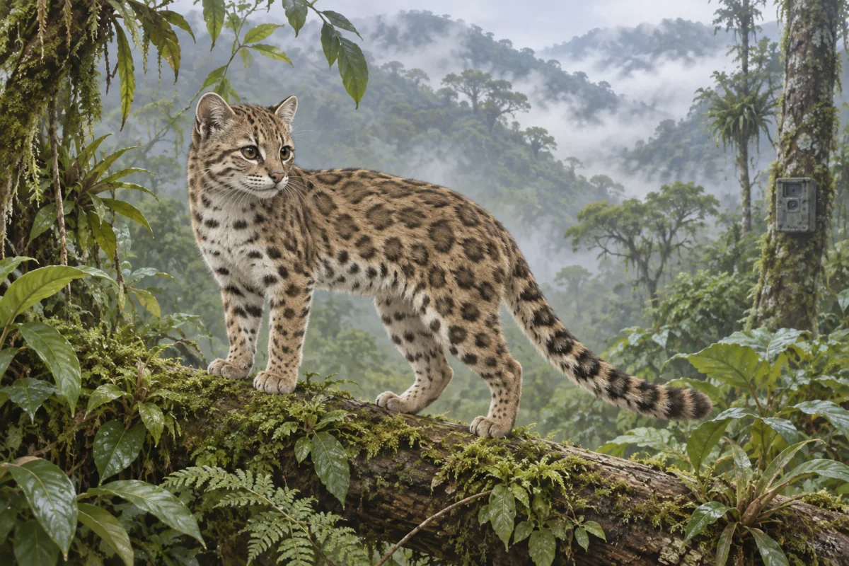 ボリビアの雲霧林に立つ小型の斑点模様の野生ネコを描いたAI生成イラスト