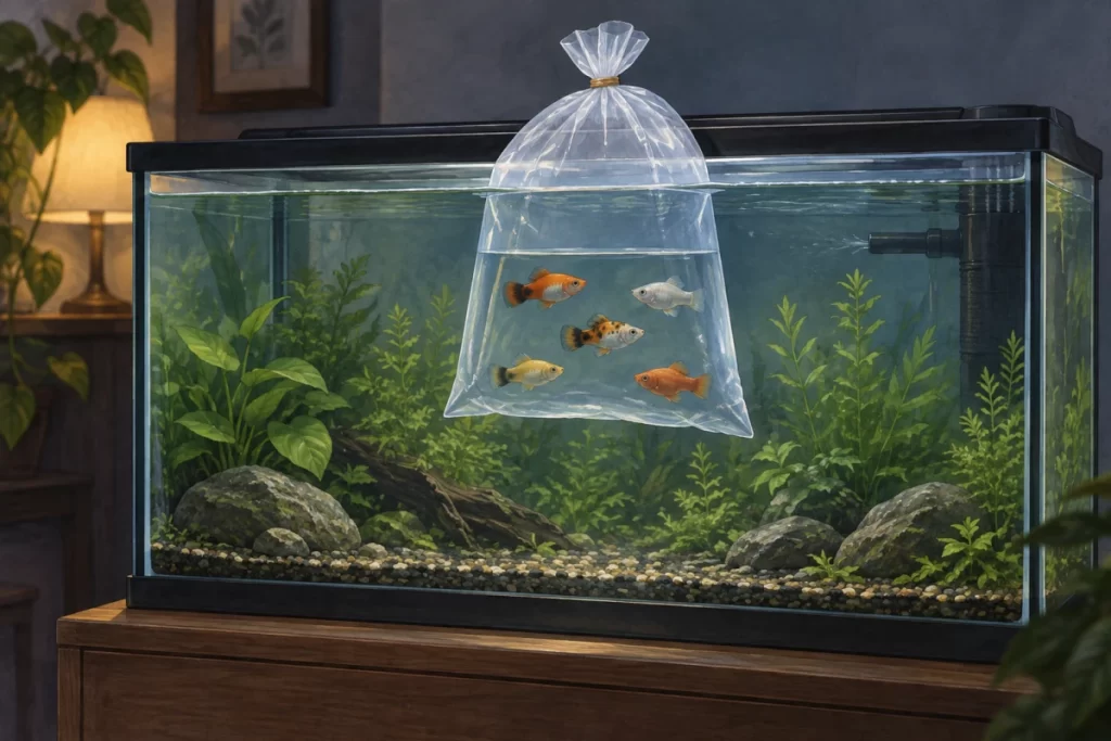 淡水水槽に密封袋を浮かべ熱帯魚の水合わせをするAI生成イラスト
