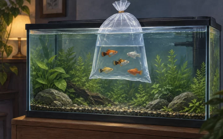淡水水槽に密封袋を浮かべ熱帯魚の水合わせをするAI生成イラスト