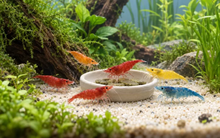 淡水エビが給餌皿の沈下性フードに集まるAI生成イラスト