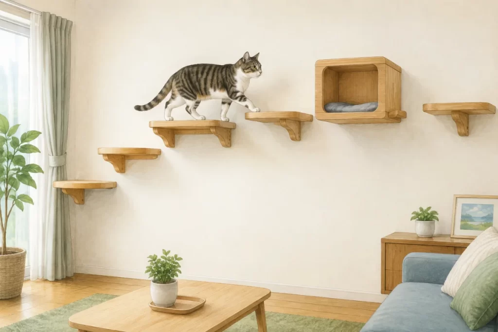 明るい室内の安全な木製壁面ルートを歩く猫の水彩風イラスト