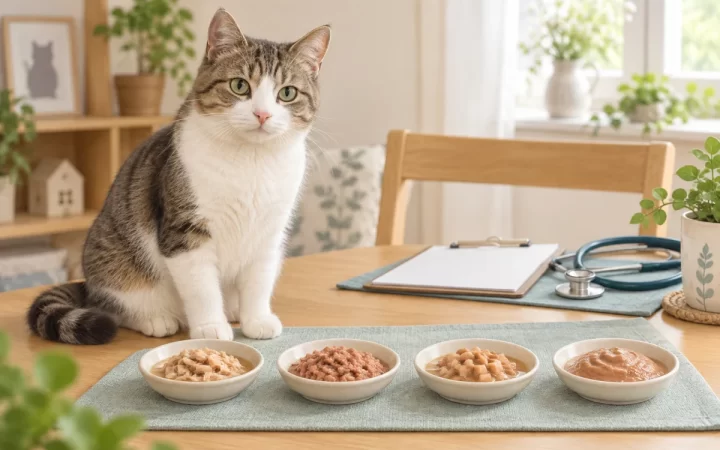 4皿の猫用ウェットフードを動物病院のチェックリストと比較する茶白猫のAI生成イラスト