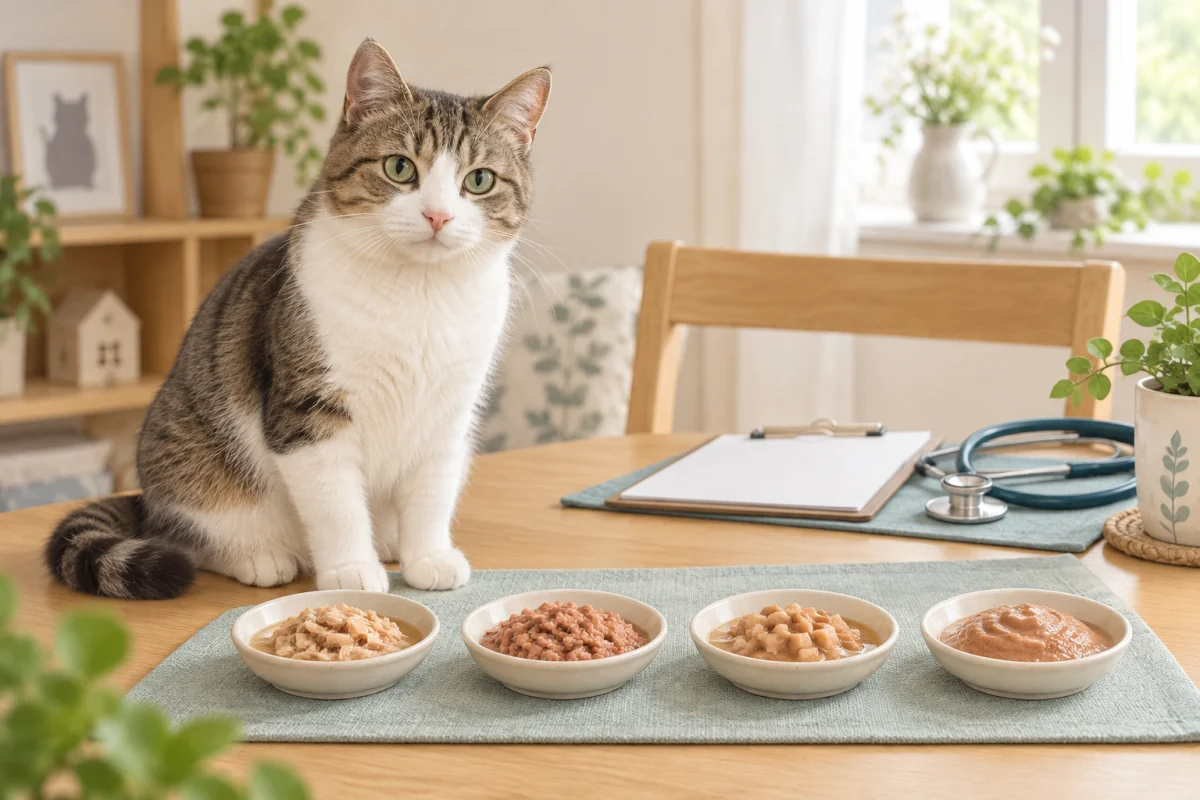 4皿の猫用ウェットフードを動物病院のチェックリストと比較する茶白猫のAI生成イラスト