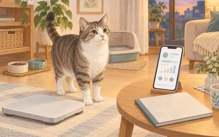 猫の体重・食欲・排泄をスマートフォンとノートで記録する場面のAI生成イラスト