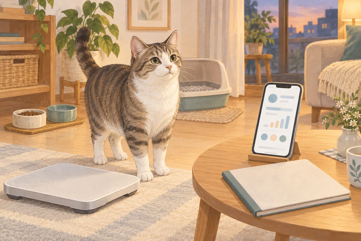 猫の体重・食欲・排泄をスマートフォンとノートで記録する場面のAI生成イラスト