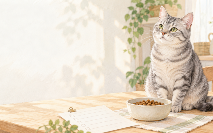 フードボウルと無地のチェック表のそばに座る猫の水彩風イラスト