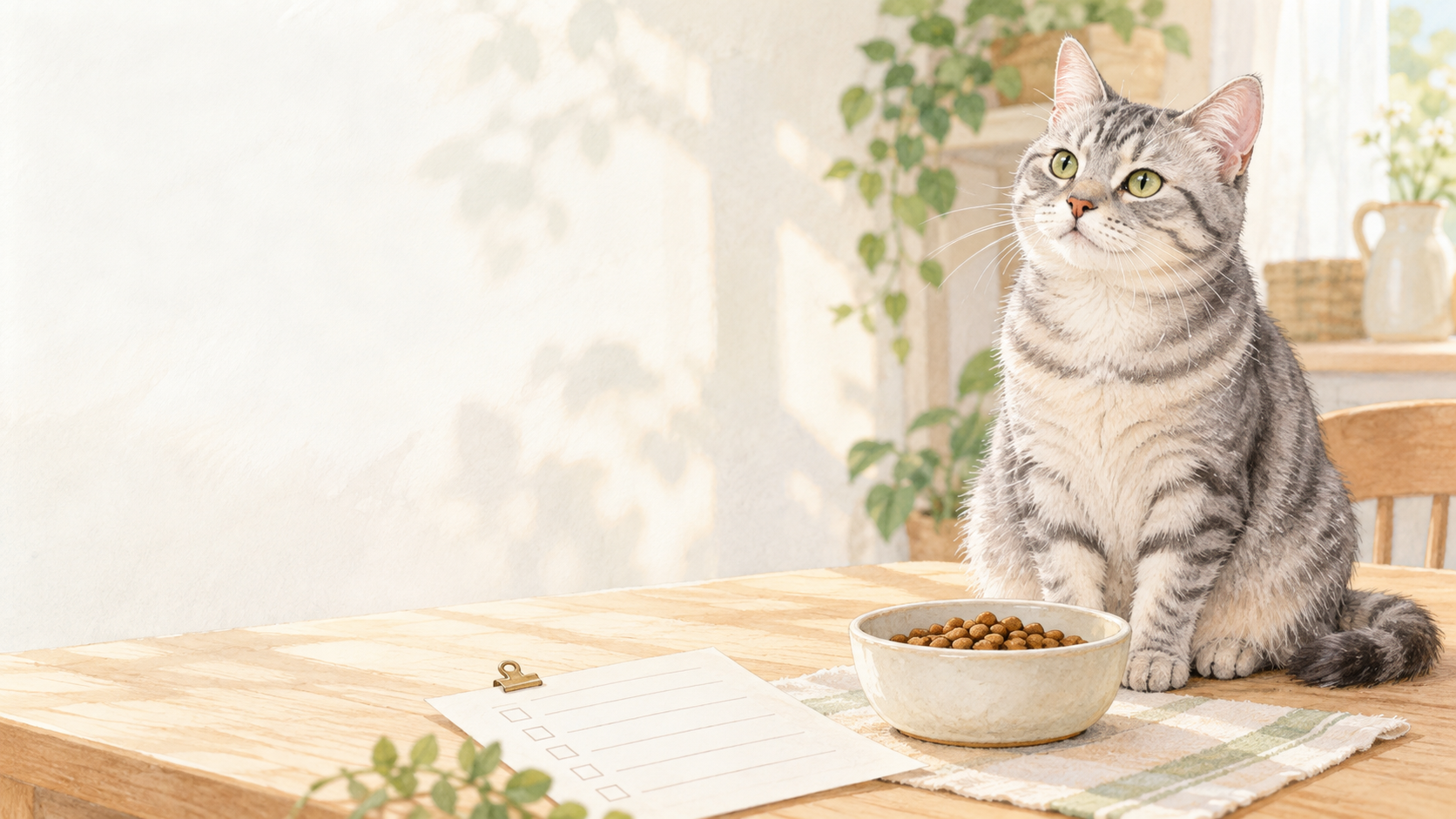 フードボウルと無地のチェック表のそばに座る猫の水彩風イラスト