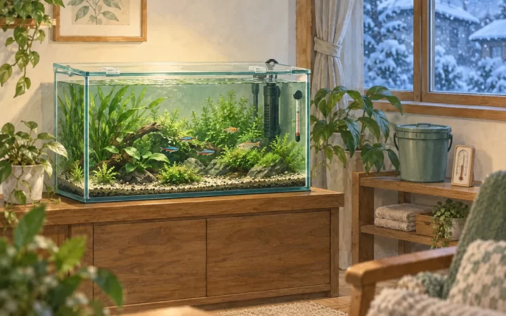 冬の室内で保温と水温確認を行う熱帯魚水槽のAI生成イメージイラスト