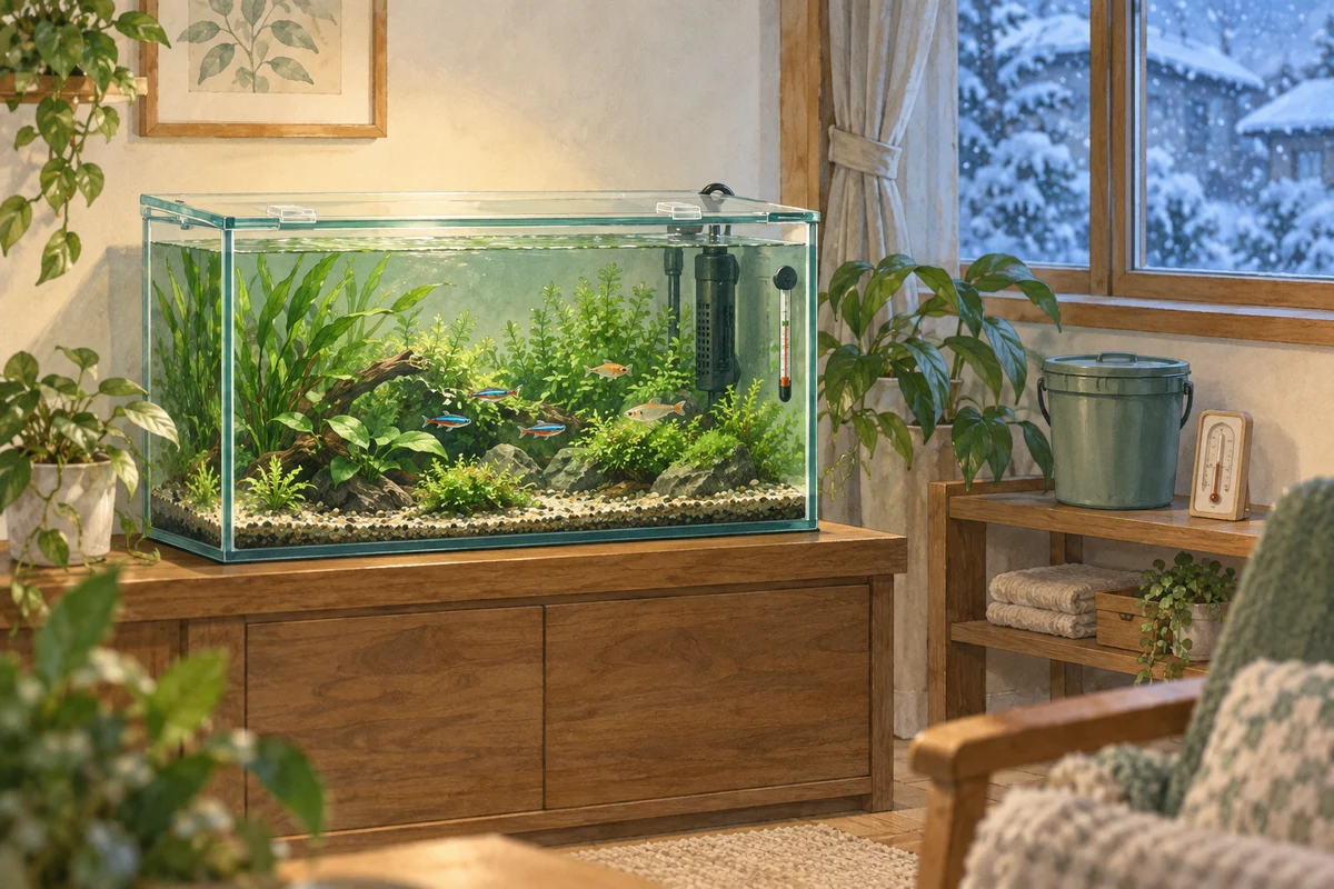 冬の室内で保温と水温確認を行う熱帯魚水槽のAI生成イメージイラスト