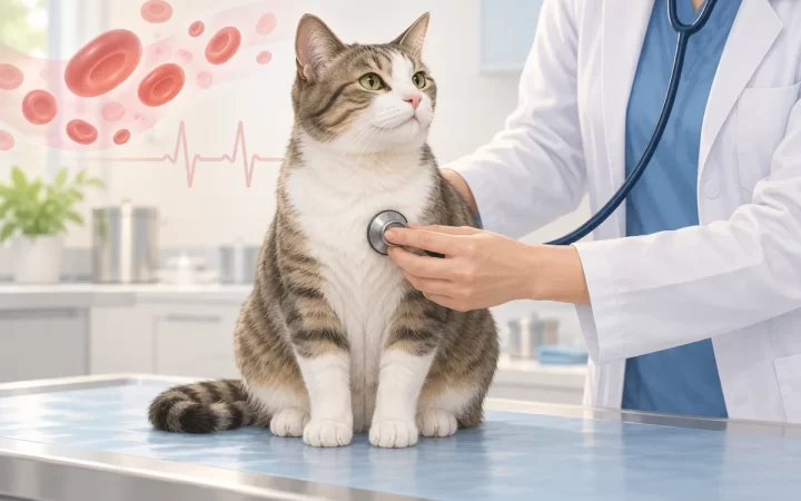 貧血の猫の心音を聴診する獣医師と赤血球を示すAI生成イラスト