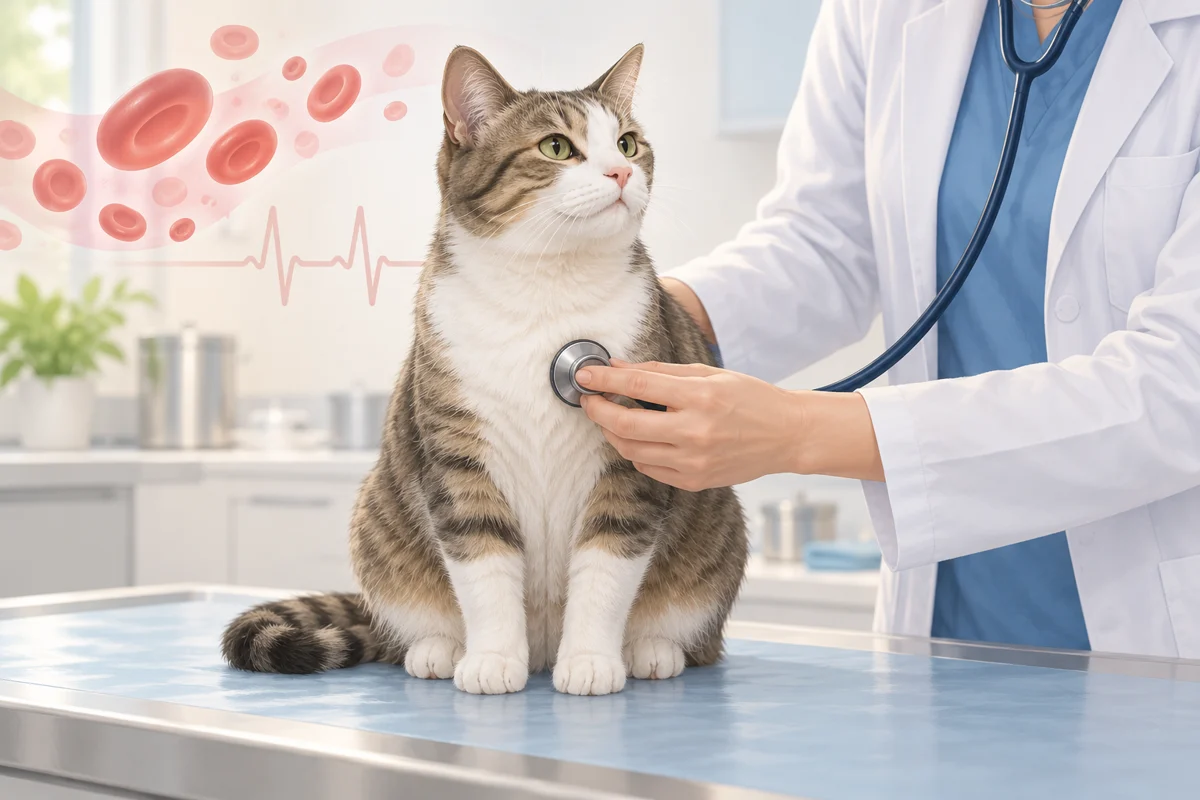 貧血の猫の心音を聴診する獣医師と赤血球を示すAI生成イラスト