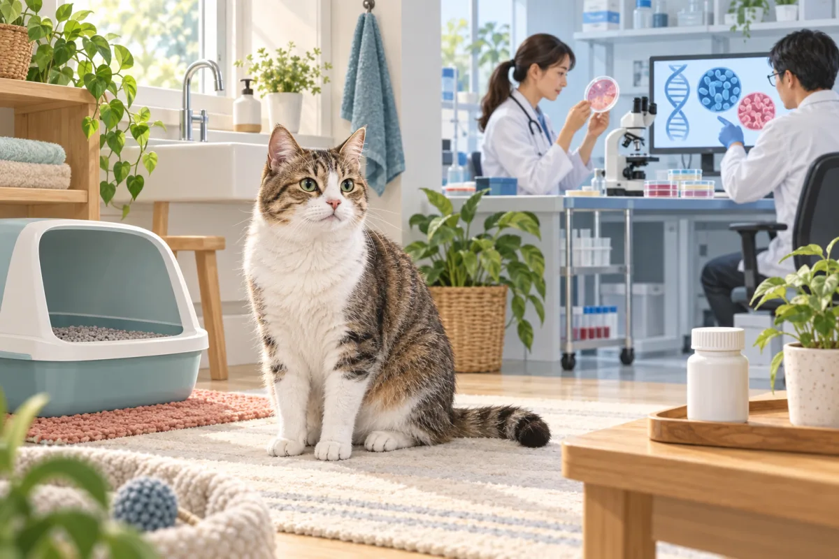 シニア猫と猫用トイレ、薬剤耐性を調べる獣医師と研究者を描いたAI生成イラスト