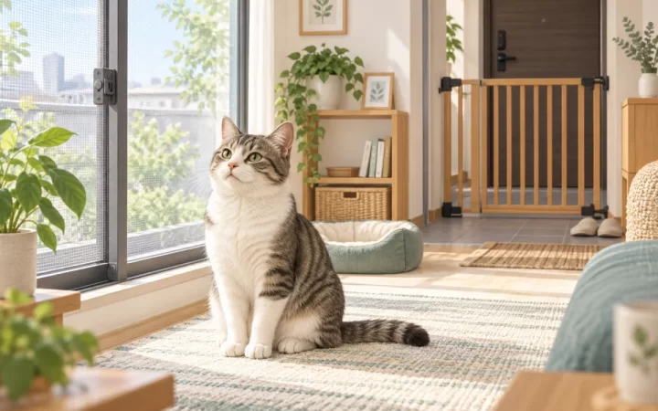 猫の脱走対策として窓と玄関の物理ゲートを整えるイメージ