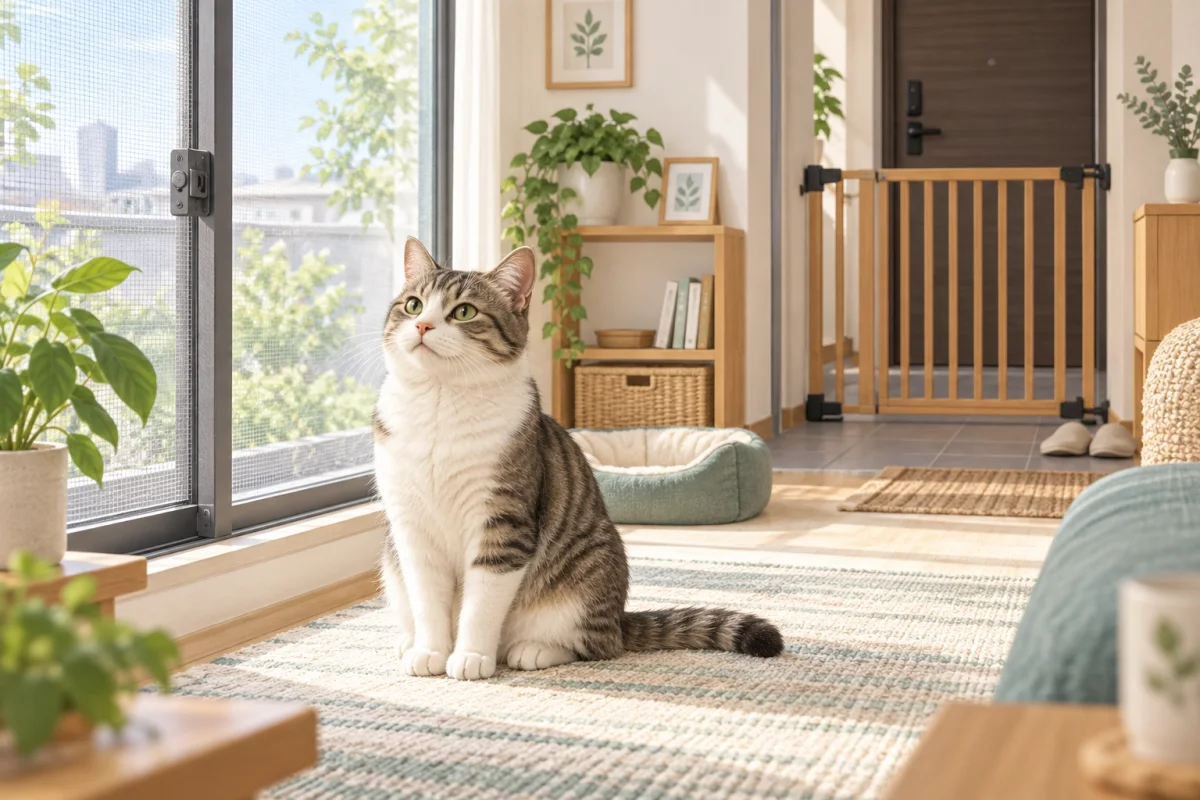 猫の脱走対策として窓と玄関の物理ゲートを整えるイメージ