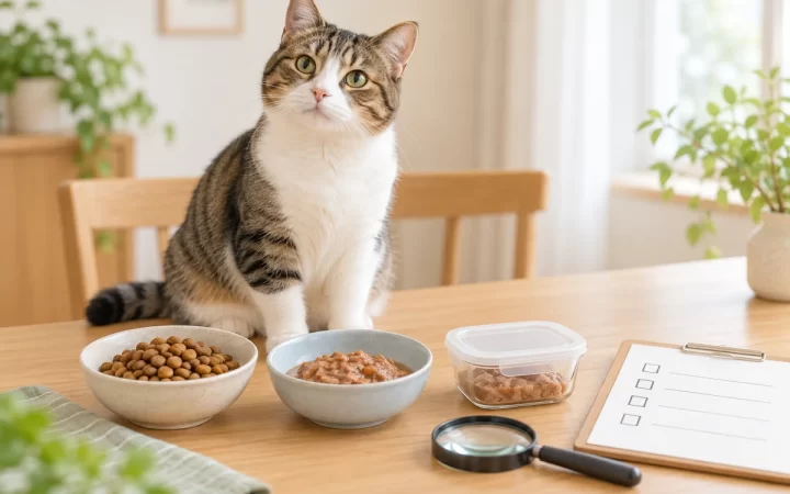 キャットフードの加工と研究を確認する猫｜AI生成イメージ
