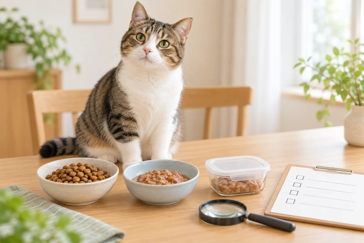 キャットフードの加工と研究を確認する猫|AI生成イメージ