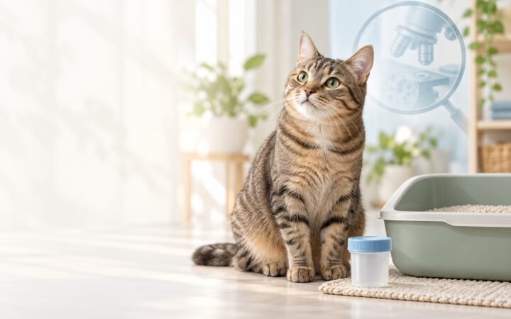 穏やかな猫、猫トイレと検査容器を描いたジアルジア便検査研究のAI生成イメージ