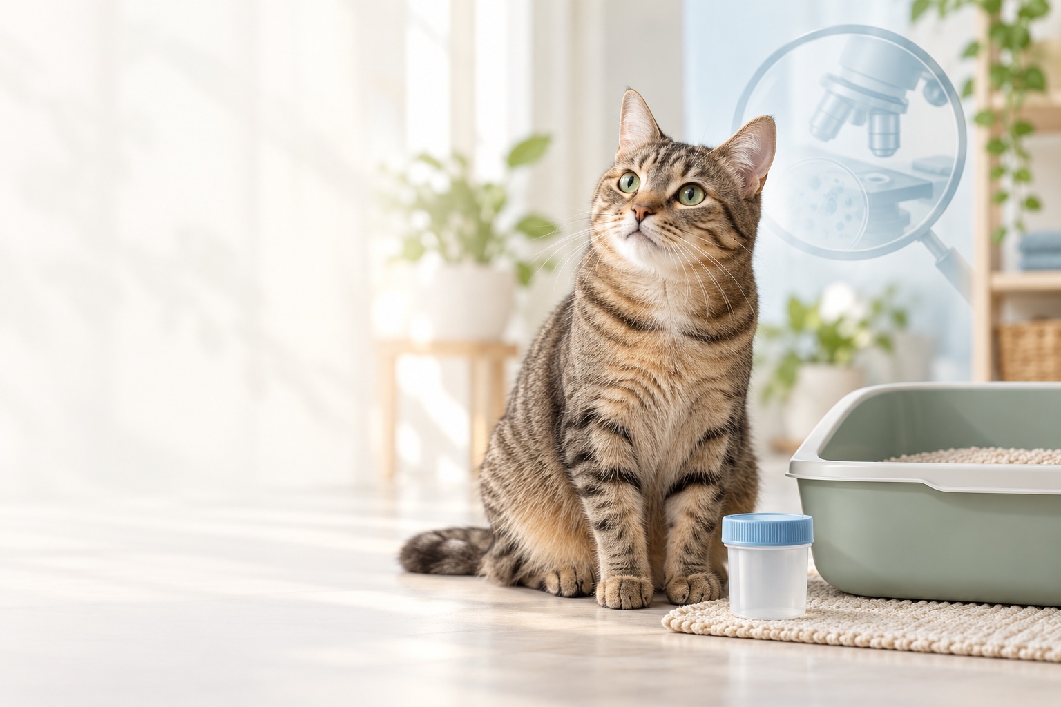 穏やかな猫、猫トイレと検査容器を描いたジアルジア便検査研究のAI生成イメージ