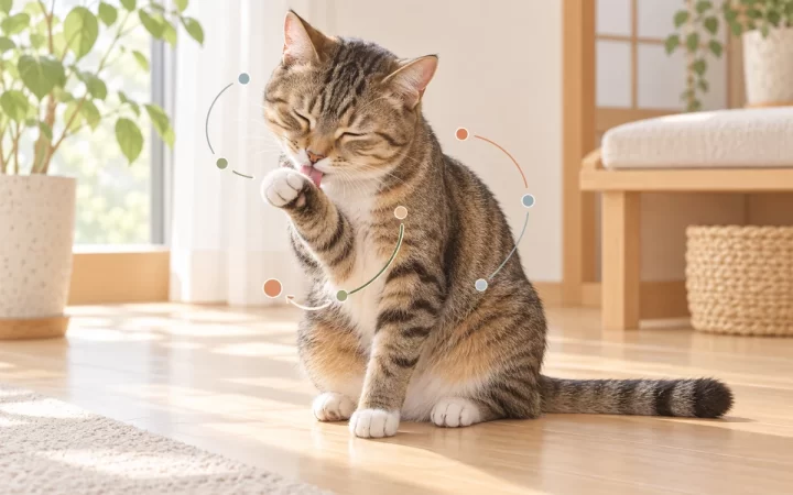 前足を毛づくろいする猫と柔軟な動作の移り方を曲線で表したAI生成イラスト