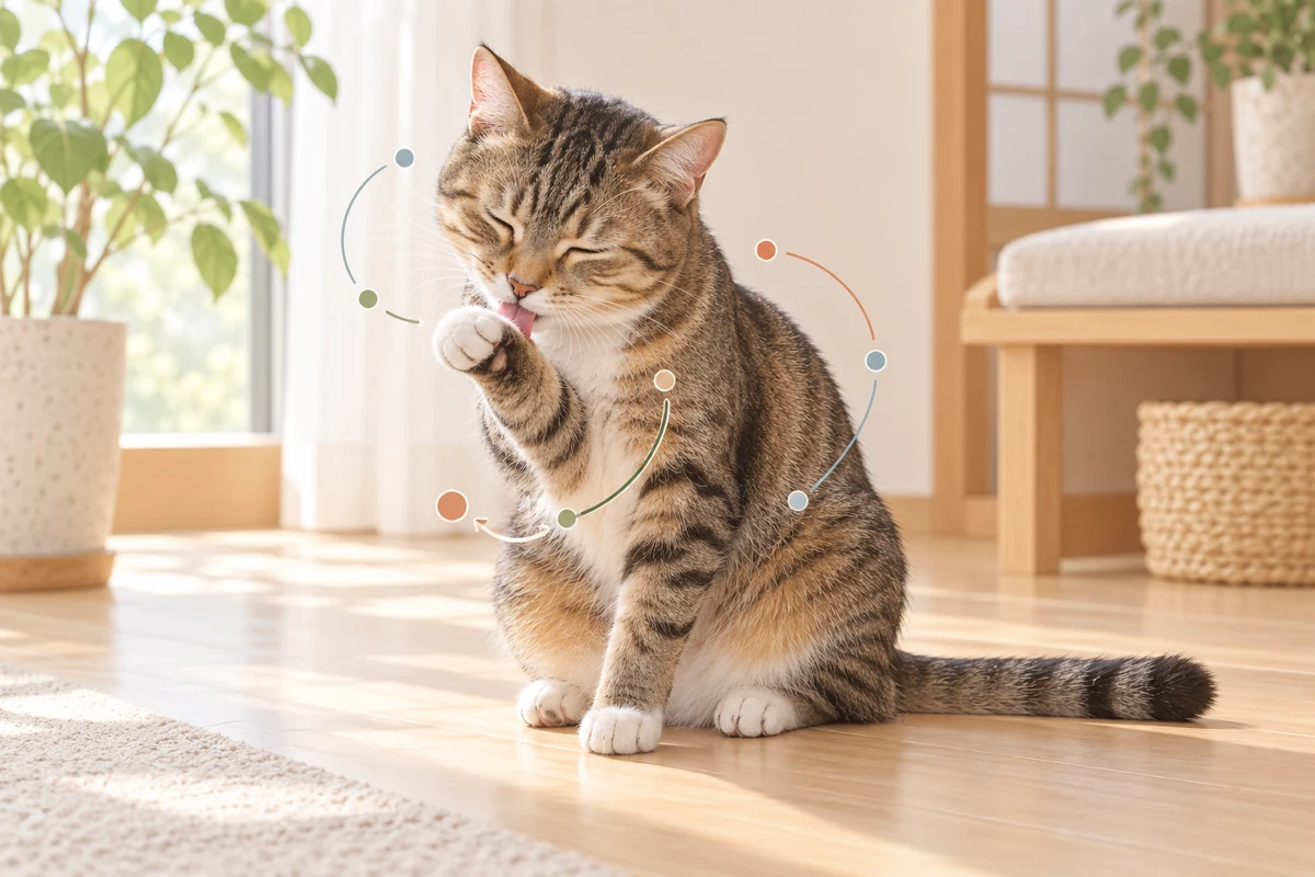 前足を毛づくろいする猫と柔軟な動作の移り方を曲線で表したAI生成イラスト