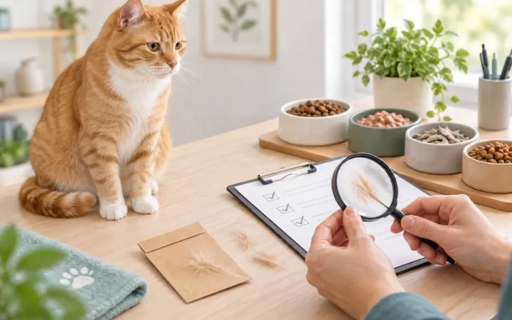猫の被毛サンプルと複数のフード候補を確認する場面を描いたAI生成イラスト