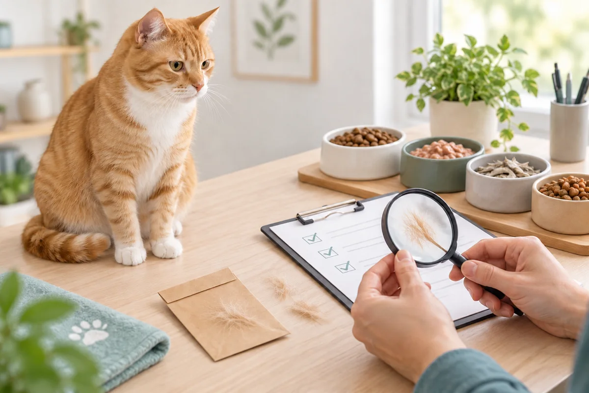 猫の被毛サンプルと複数のフード候補を確認する場面を描いたAI生成イラスト