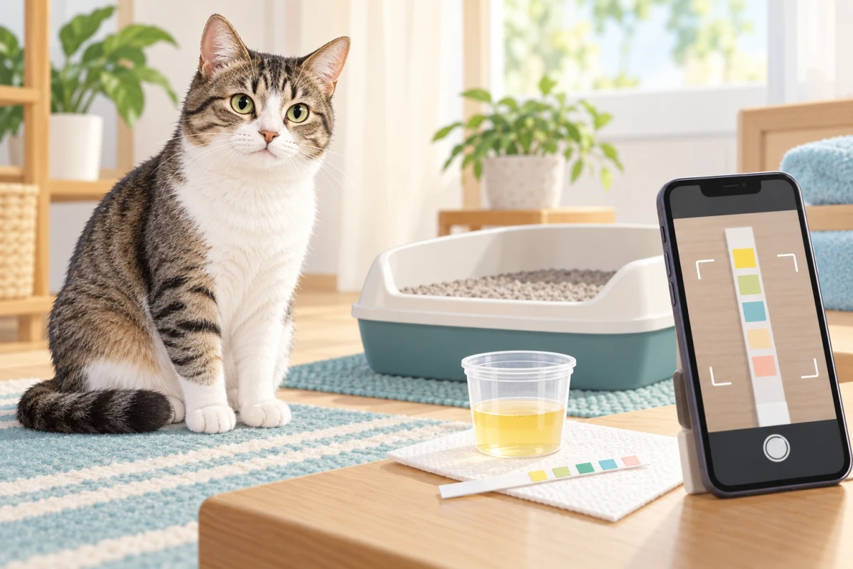 猫の自宅採尿とスマートフォンによる尿試験紙読取を表したAI生成イラスト