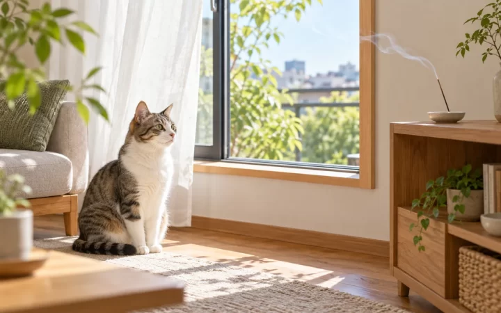 開いた窓から換気しながら猫とお香の距離を確保する様子を描いたAI生成イラスト