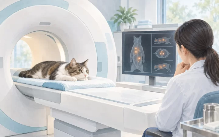 PET/CT装置で検査を受ける猫を描いたAI生成イラスト