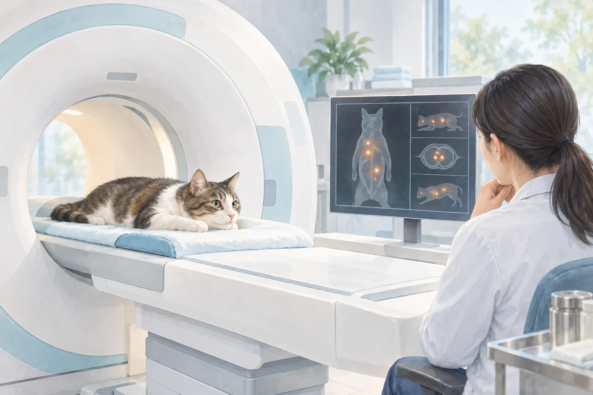 PET/CT装置で検査を受ける猫を描いたAI生成イラスト