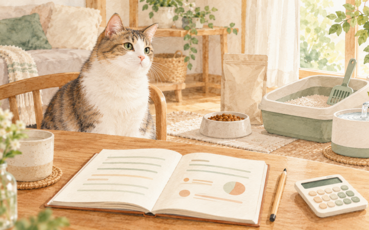 猫と家計ノート、フード・猫砂・給水器を描いた水彩風のAI生成イラスト