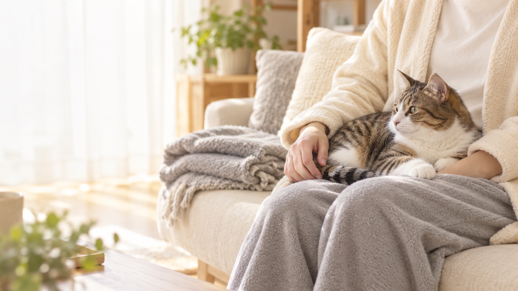 暖かい部屋着の人の膝で自由にくつろぐ猫のAI生成イメージ