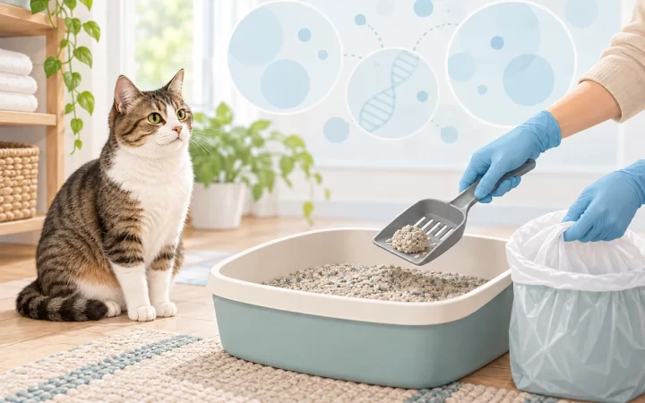 猫トイレを衛生的に清掃する様子とDNA研究を表したAI生成イラスト