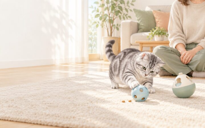 飼い主が見守る前で猫が汎用的なフードボールと遊ぶAI生成イメージ。実際のニャーオ製品の写真ではありません