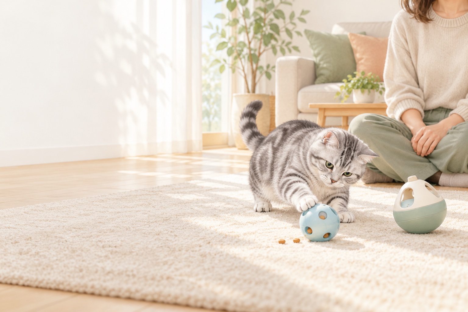 飼い主が見守る前で猫が汎用的なフードボールと遊ぶAI生成イメージ。実際のニャーオ製品の写真ではありません