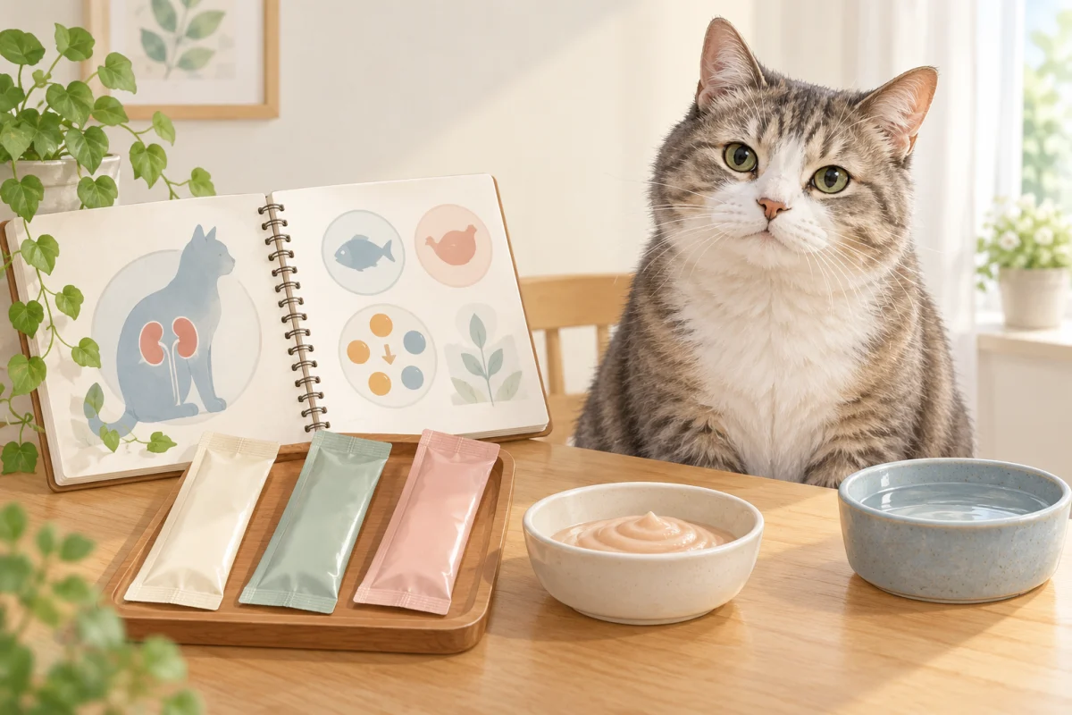猫用ペーストおやつ7品のリン量を比較する研究イメージ