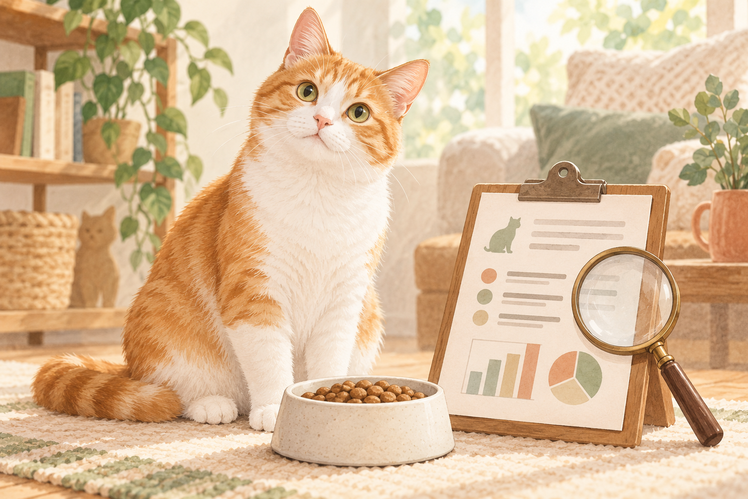 食器と調査資料、虫眼鏡のそばに座る茶白猫のAI生成イメージイラスト