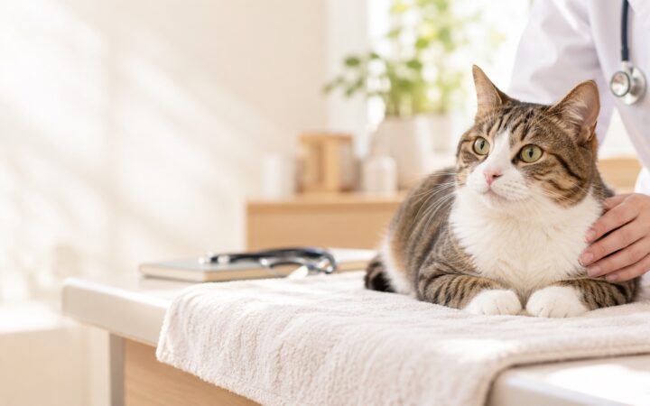 動物病院で穏やかに診察を受ける猫のAI生成イメージ