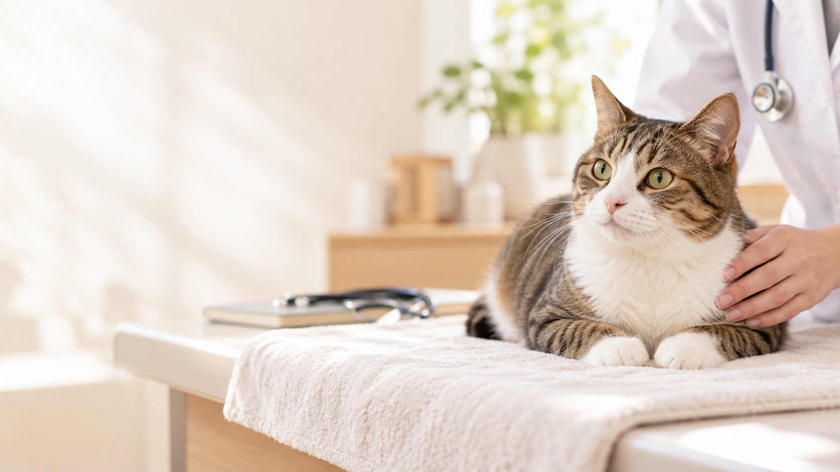 動物病院で穏やかに診察を受ける猫のAI生成イメージ