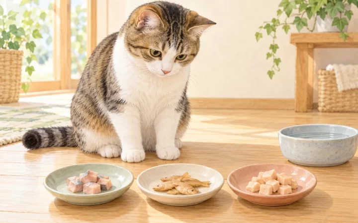 猫が3種類の形をした無地のおやつを見比べるAI生成イラスト