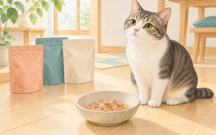 CIAOパウチ ゼリー仕立て新6品を確認する猫のイメージイラスト