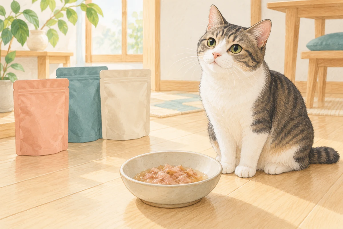 CIAOパウチ ゼリー仕立て新6品を確認する猫のイメージイラスト