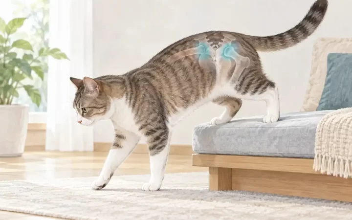 低い台から降りる猫の骨盤と背骨の接合部を淡い青緑で示したAI生成イラスト