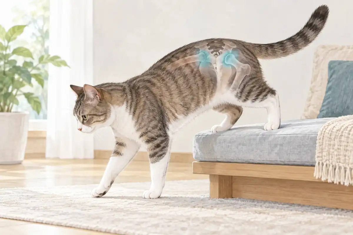低い台から降りる猫の骨盤と背骨の接合部を淡い青緑で示したAI生成イラスト