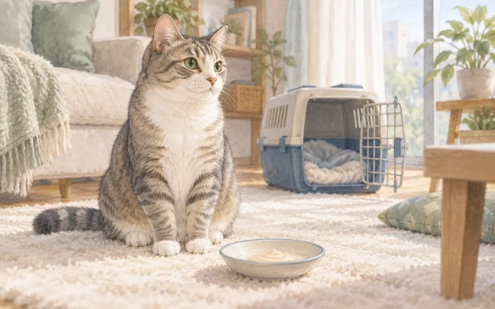 開いたキャリーとクリーム状のおやつの器を前に座る猫のAI生成イラスト
